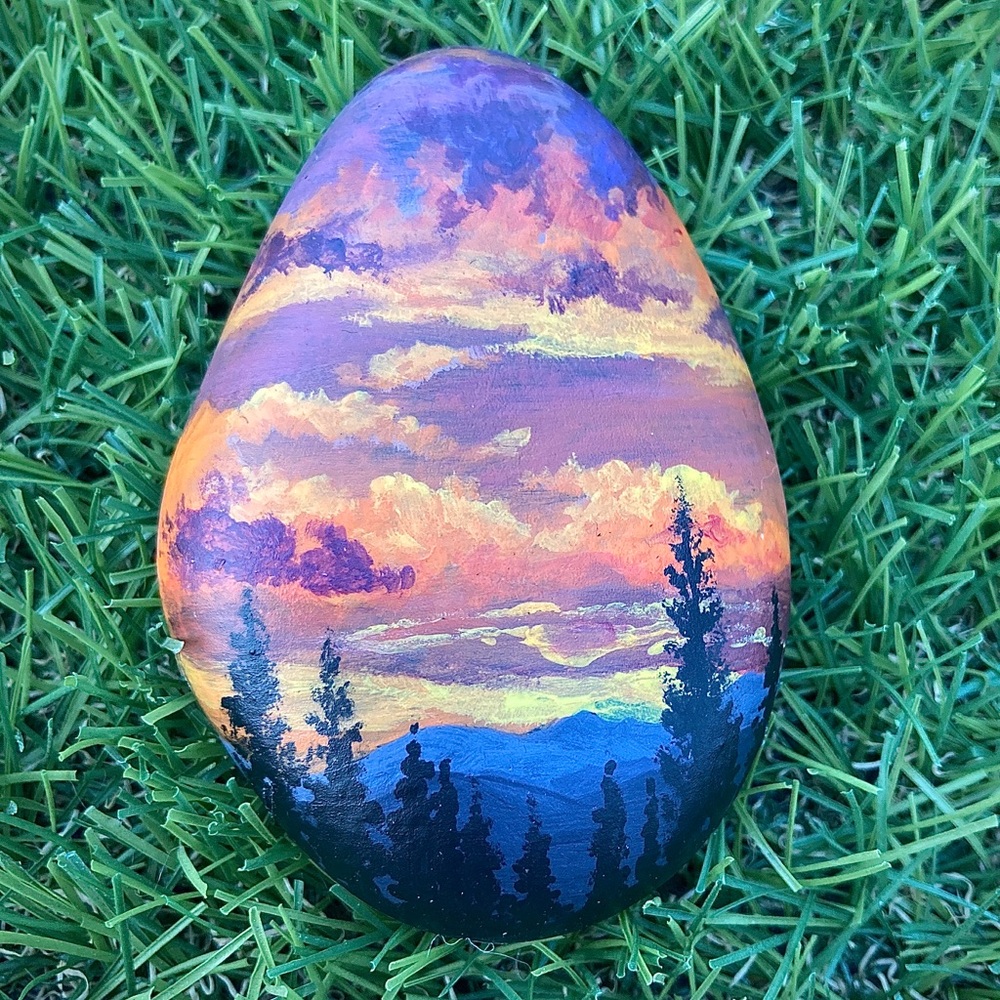 Sunset and Forest Hand Painted River Rock 3”